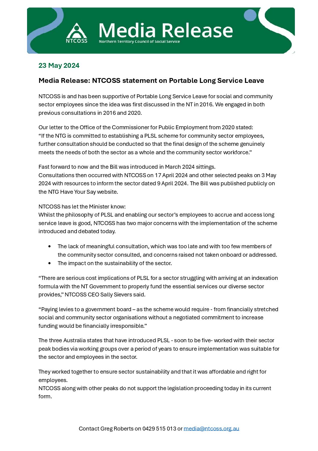 Media Release: NTCOSS statement on Portable Long Service Leave