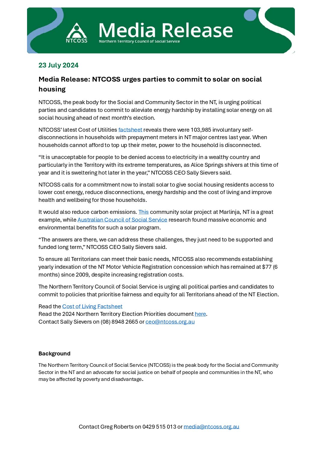 Media Release: NTCOSS urges parties to commit to solar on social housing