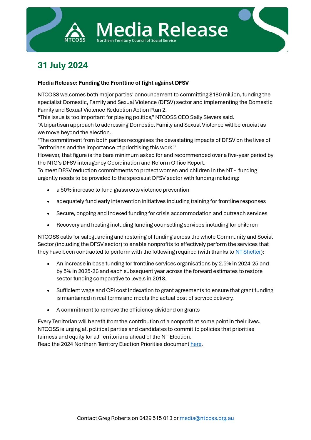 Media Release: Funding the Frontline of fight against DFSV