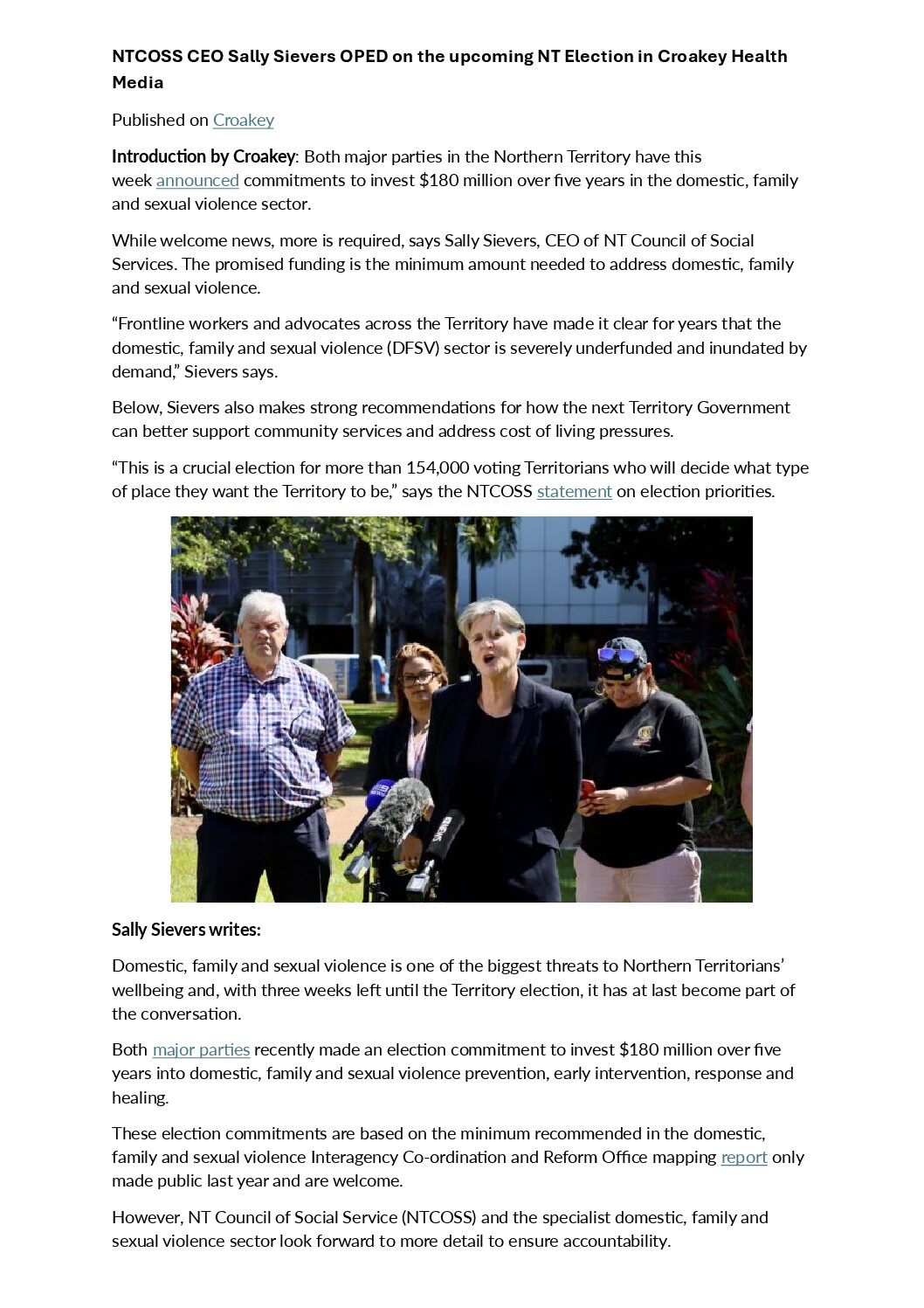 NTCOSS CEO Sally Sievers OPED on the upcoming NT Election in Croakey Health Media