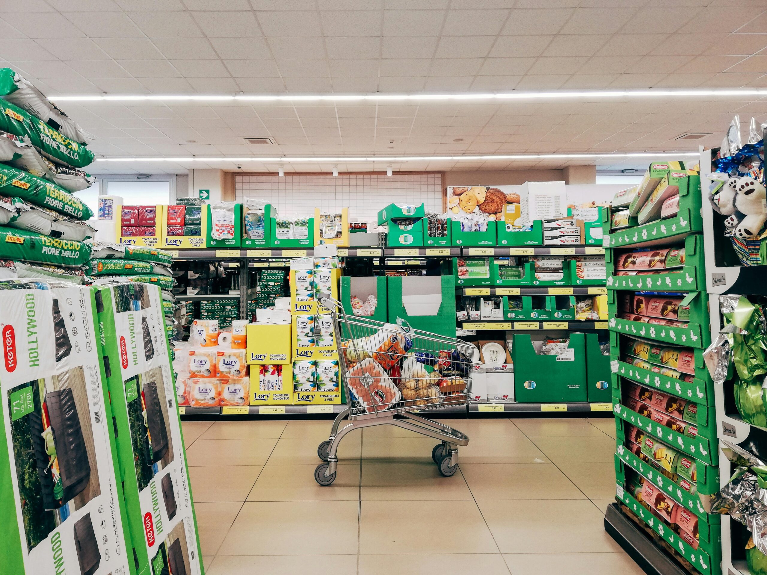 Supermarket Image of a full trolly in a supermarket.