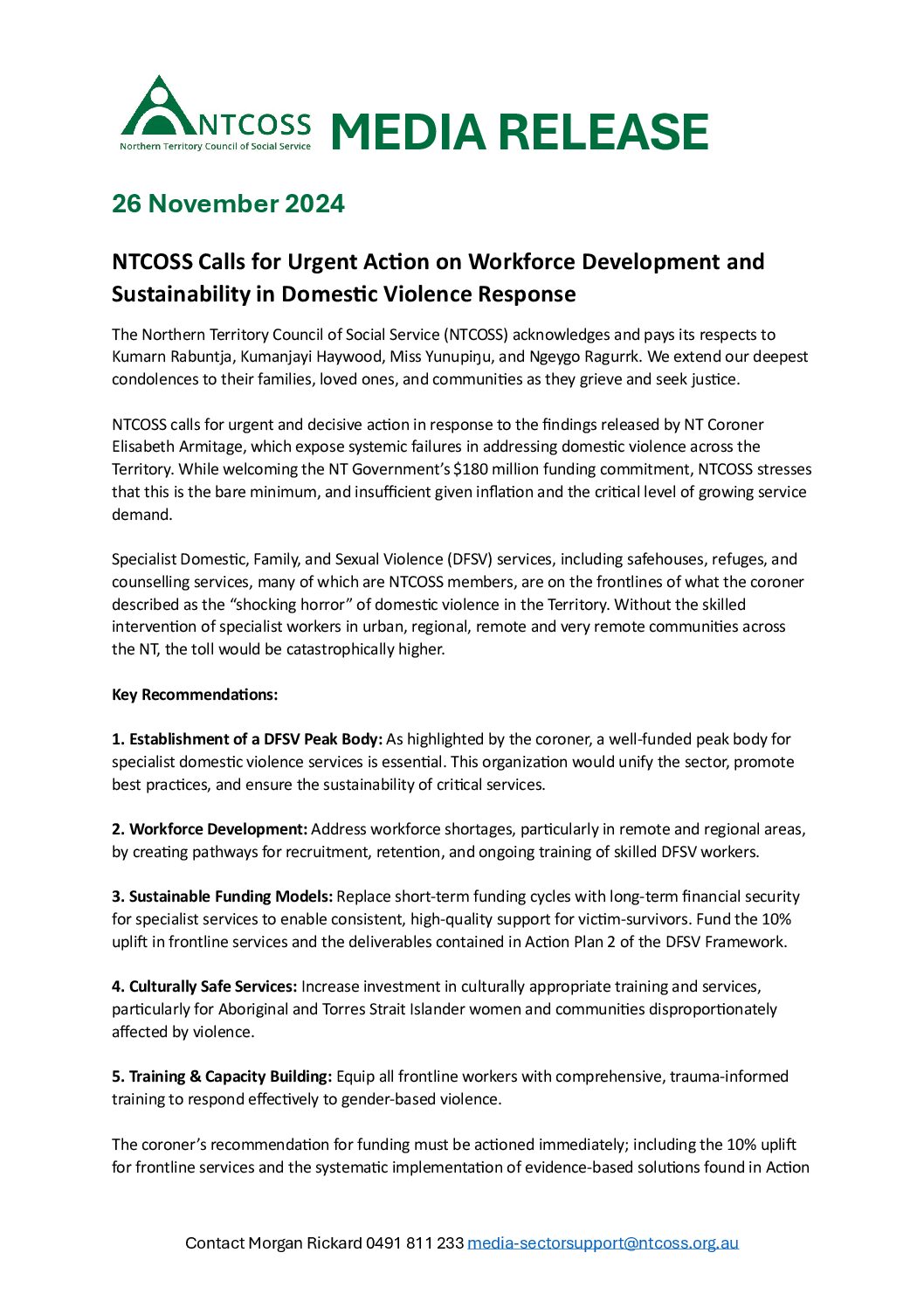 Media Release: NTCOSS Calls for Urgent Action on Workforce Development and Sustainability in Domestic Violence Response
