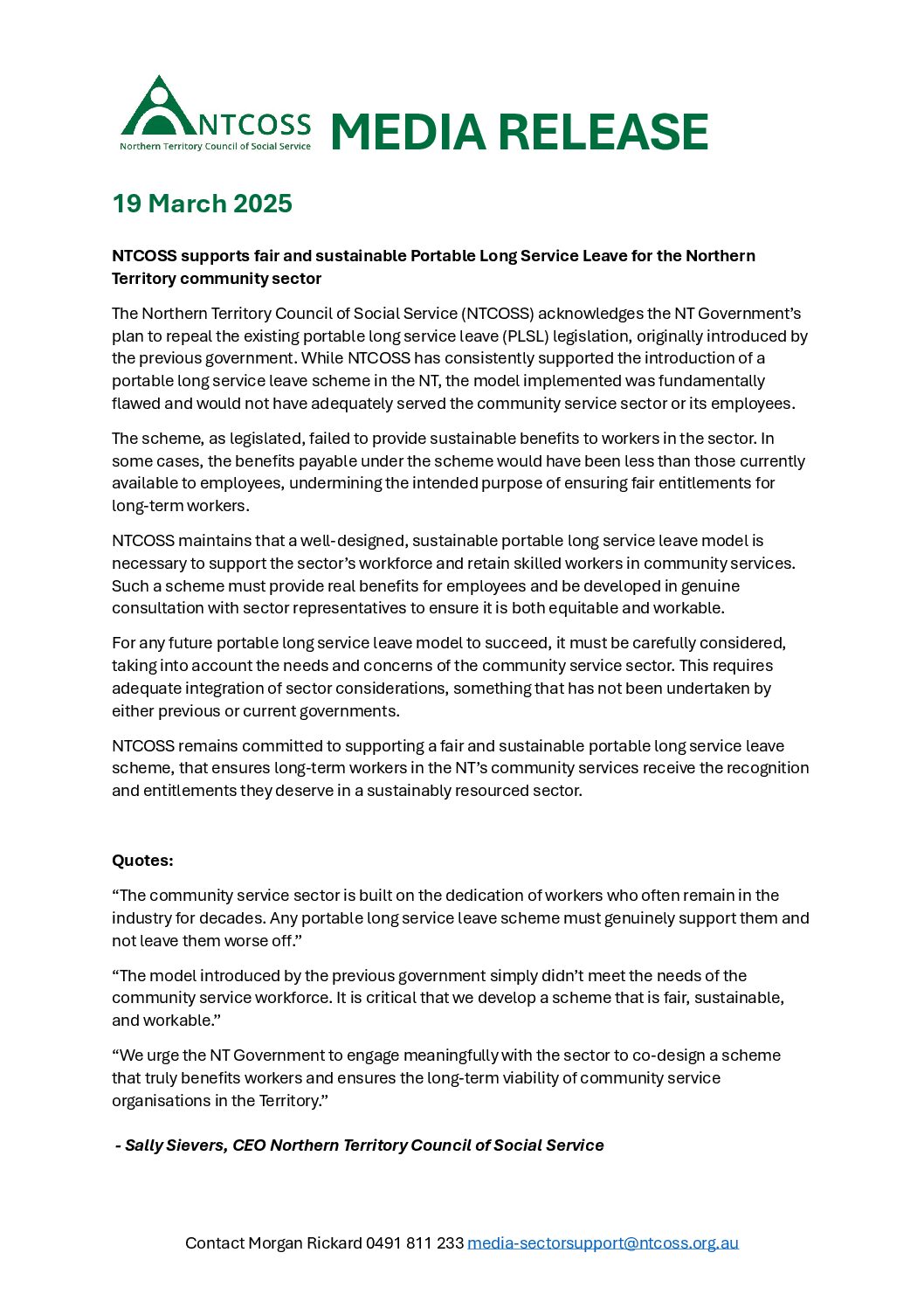Media Release: NTCOSS supports fair and sustainable Portable Long Service Leave for the Northern Territory community sector