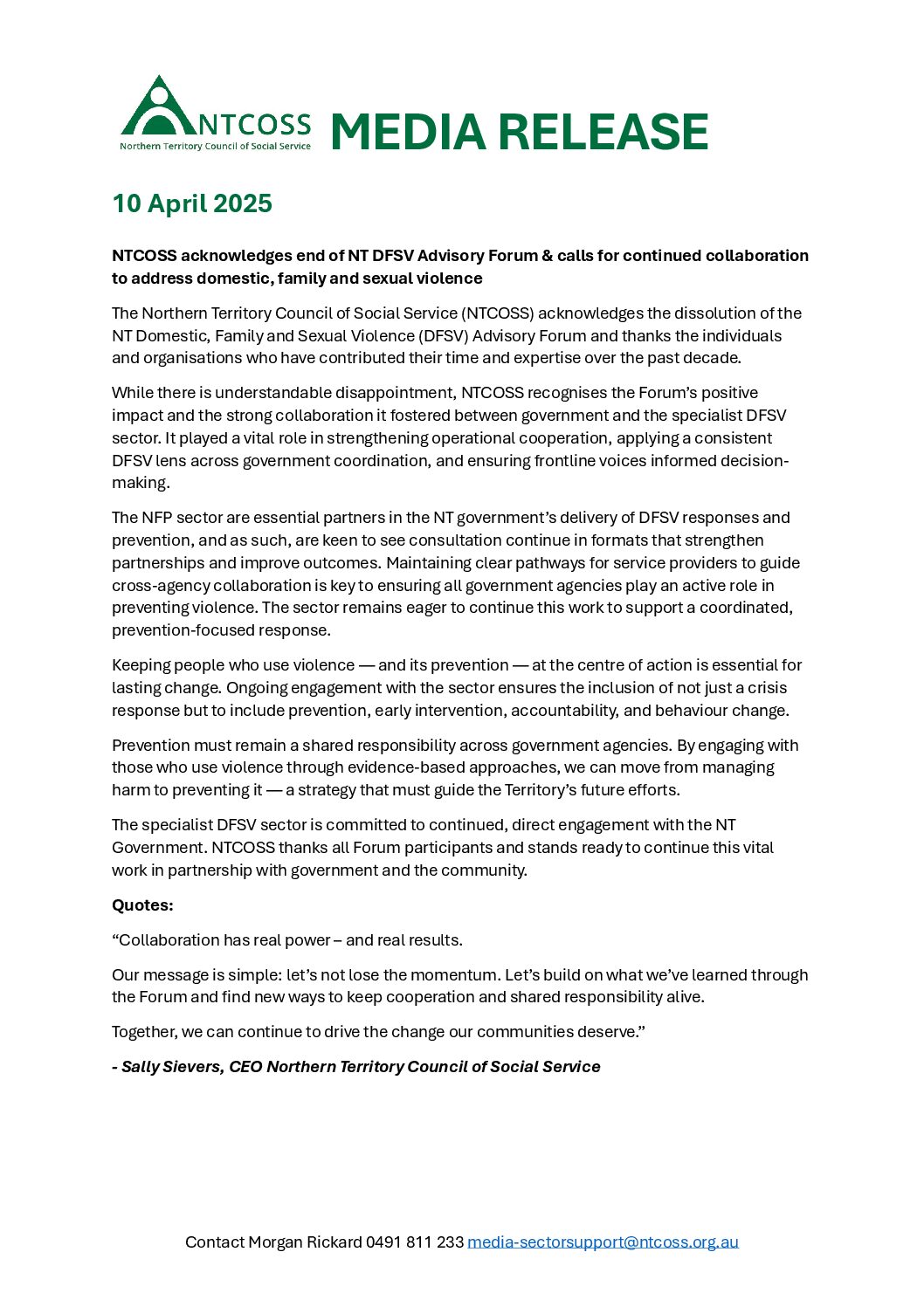 Media Release: NTCOSS acknowledges end of NT DFSV Advisory Forum & calls for continued collaboration to address domestic, family and sexual violence
