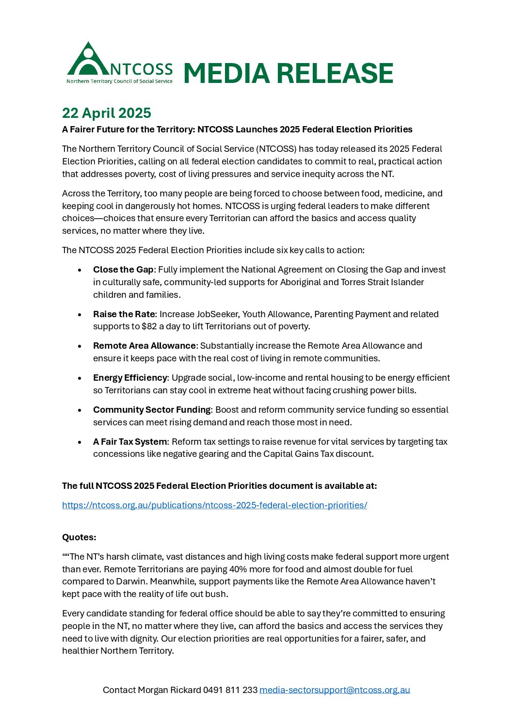 Media Release: A Fairer Future for the Territory – NTCOSS Launches 2025 Federal Election Priorities