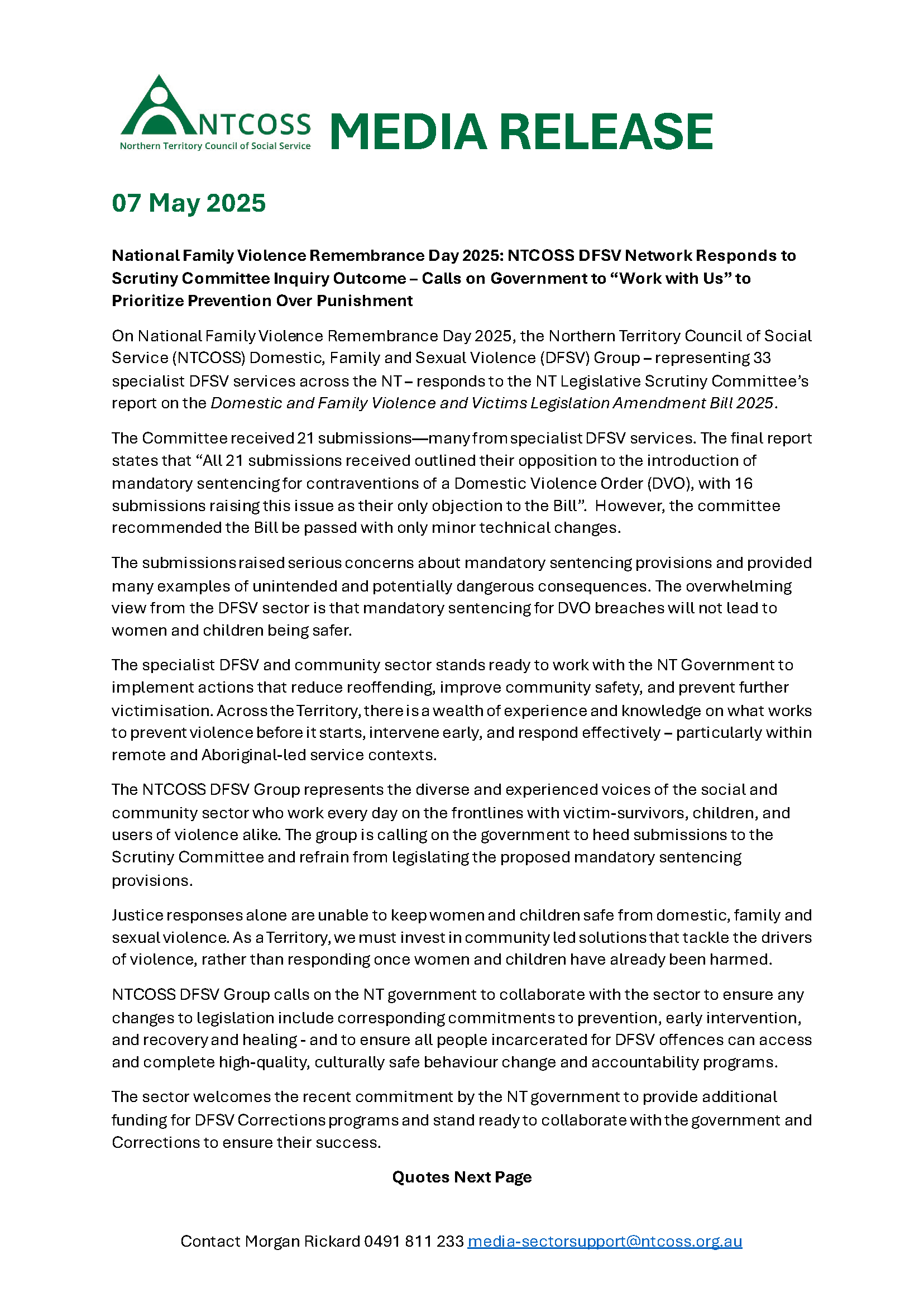 Media Release: National Family Violence Remembrance Day 2025: NTCOSS DFSV Network Responds to Scrutiny Committee Inquiry Outcome – Calls on Government to “Work with Us” to Prioritize Prevention Over Punishment