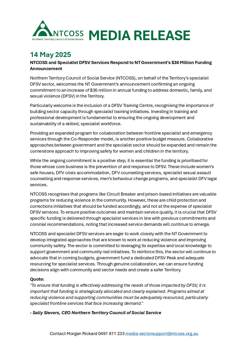 Media Release: NTCOSS and Specialist DFSV Services Respond to NT Government’s $36 Million Funding Announcement
