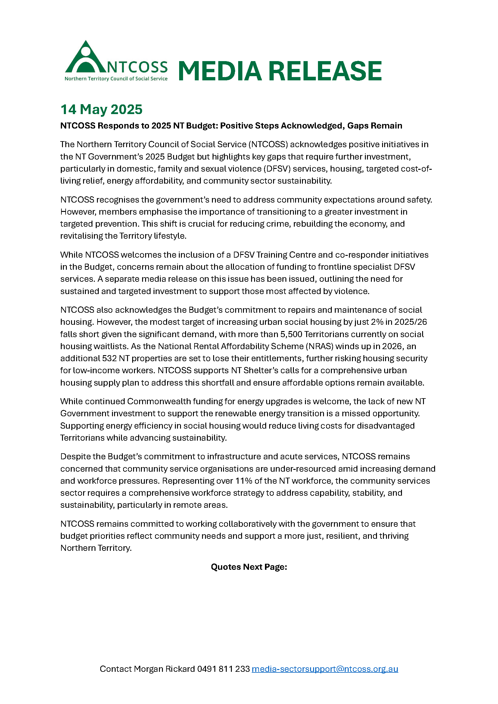 Media Release: NTCOSS Responds to 2025 NT Budget – Positive Steps ...