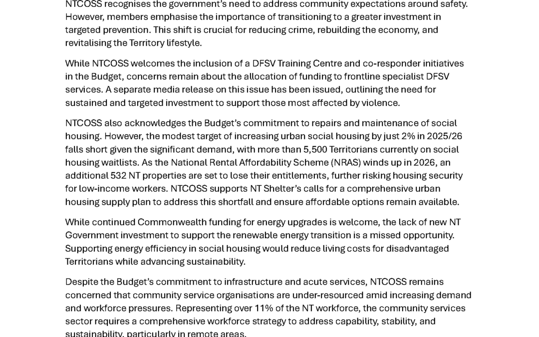 Media Release: Responds to 2025 NT Budget: Positive Steps Acknowledge, Gaps Remain