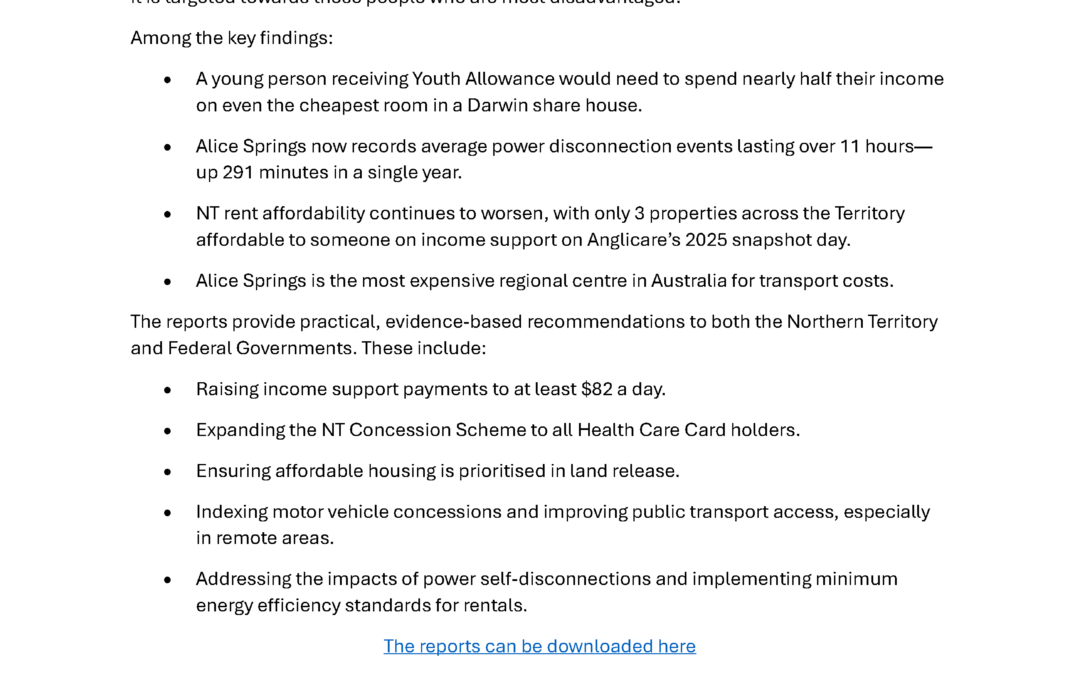 Media Release: Territorians Struggling to Afford the Basics, New Cost of Living Reports Show
