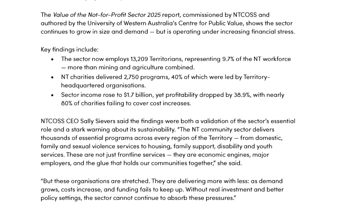 Value of the Sector – NTCOSS – Northern Territory Council of Social Service