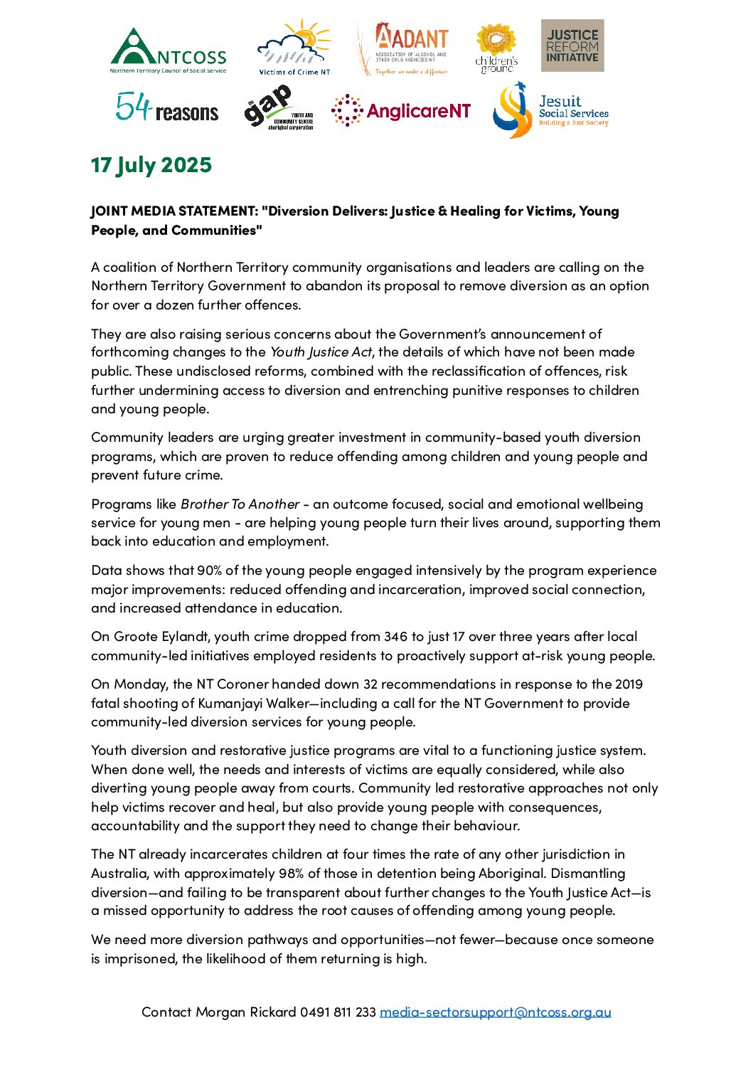 JOINT MEDIA STATEMENT: “Diversion Delivers: Justice & Healing for Victims, Young People, and Communities”