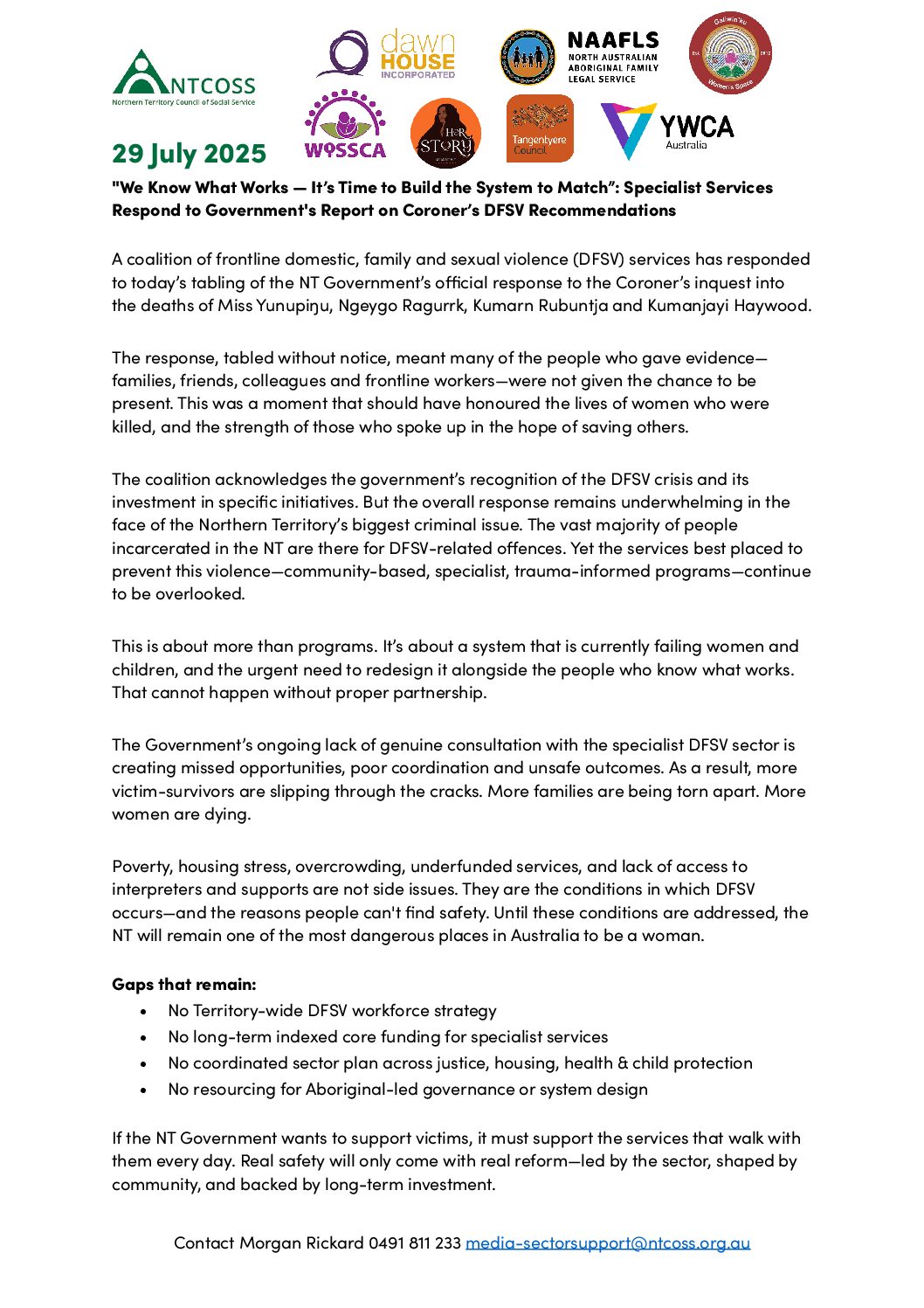 JOINT MEDIA STATEMENT: “We Know What Works — It’s Time to Build the System to Match”: Specialist Services Respond to Government’s Report on Coroner’s DFSV Recommendations