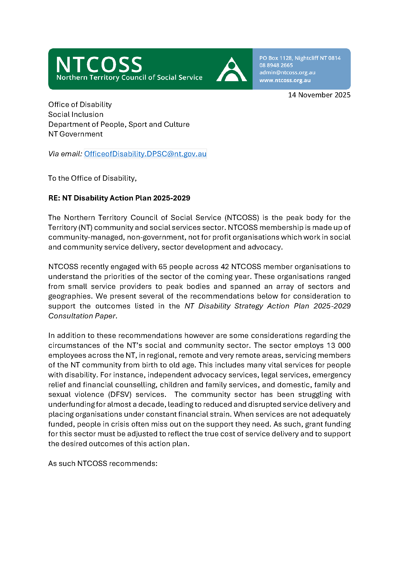 NTCOSS Submission to NT Disability Strategy Action Plan 2025-2029 ...
