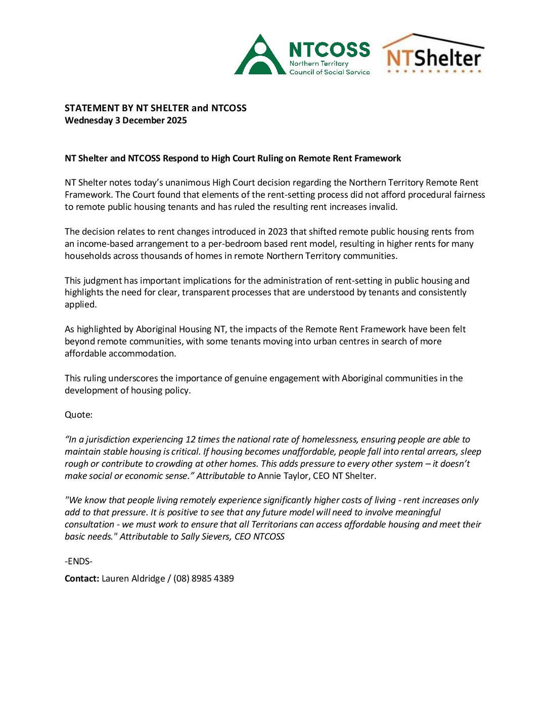 NT Shelter and NTCOSS Respond to High Court Ruling on Remote Rent Framework