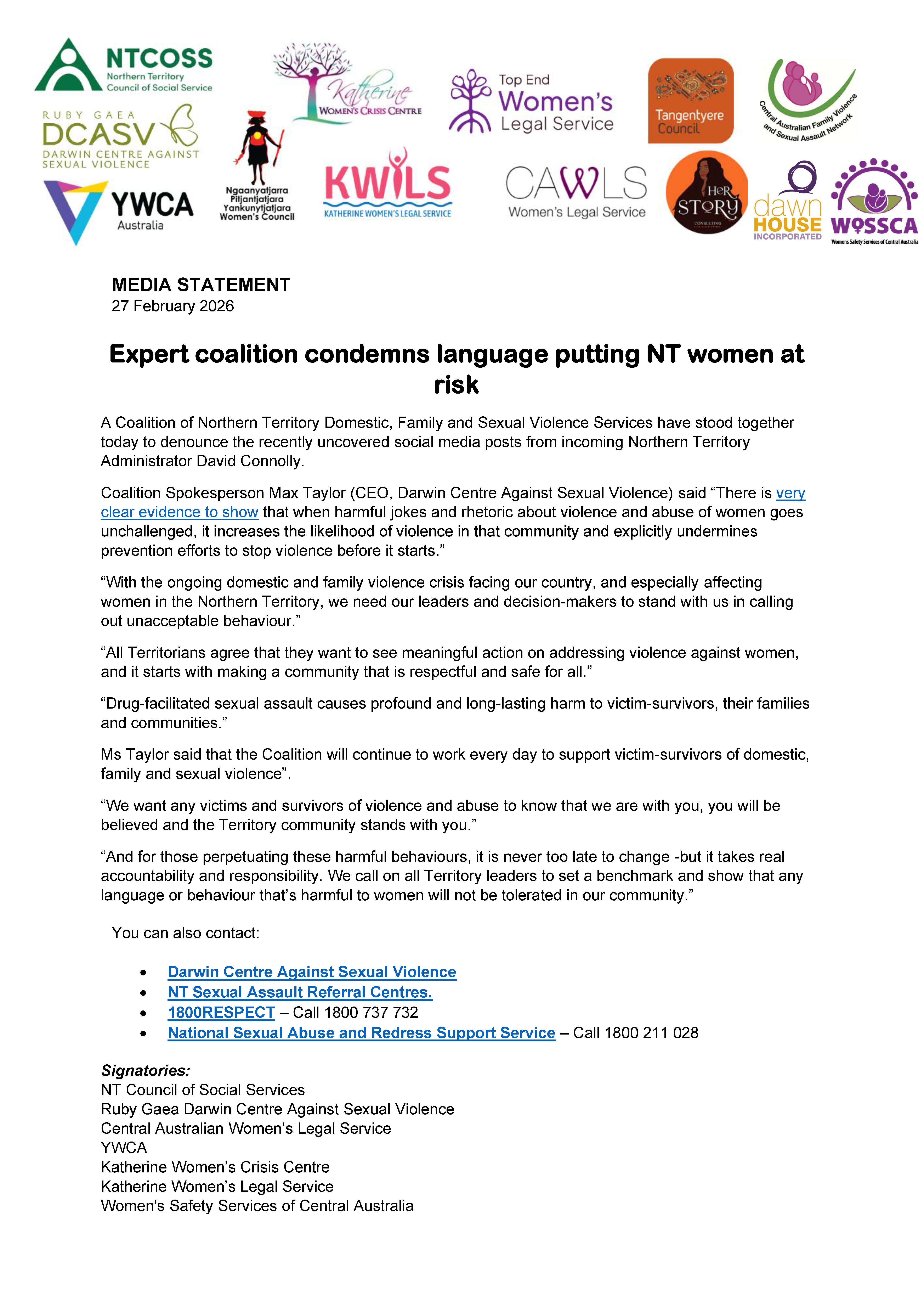 Joint Media Statement – Expert coalition condemns language putting NT women a trisk