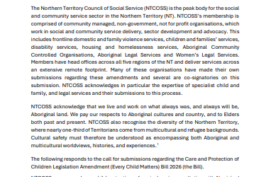 NTCOSS joint submission to the Care and Protection of Children Legislation Amendment Bill 2026