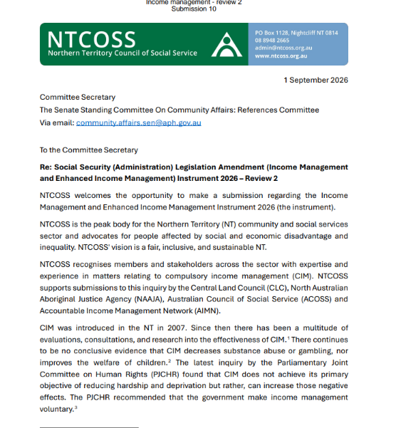 NTCOSS submission to the Social Security (Administration) Legislation Amendment (Income Management and Enhanced Income Management) Instrument 2026 – Review 2